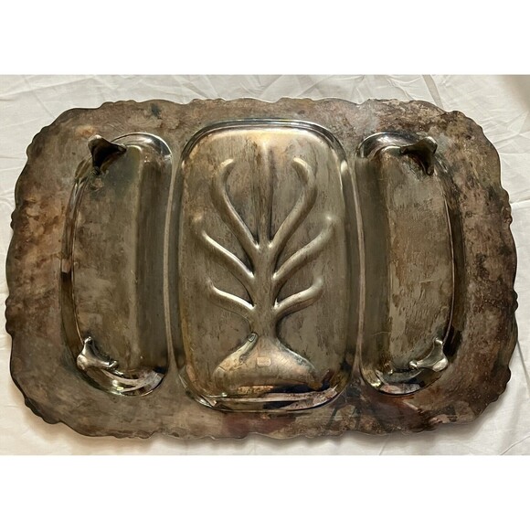 Serving Tray Platter Vintage Silverplate 3 Part Divided Well Footed Meat Large - Picture 2 of 5